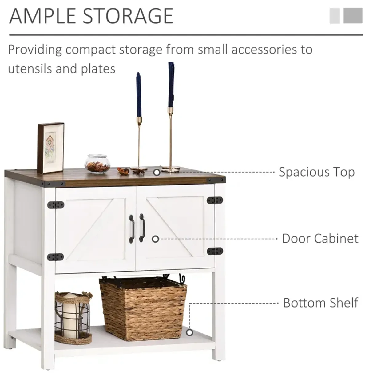 White Kitchen Cupboard: 2-Door Freestanding Cabinet with Bottom Shelf