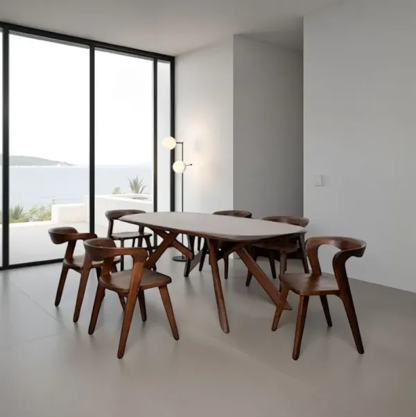 Ziva 7pc Dining Table Set, 6 Side Chairs, 3D Edges, Brown Solid Wood - Benzara