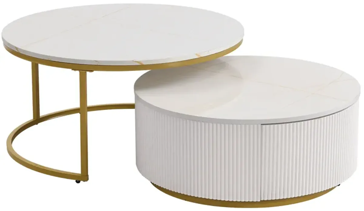 Merax Modern Round Nesting Coffee Table Fluted with Drawer