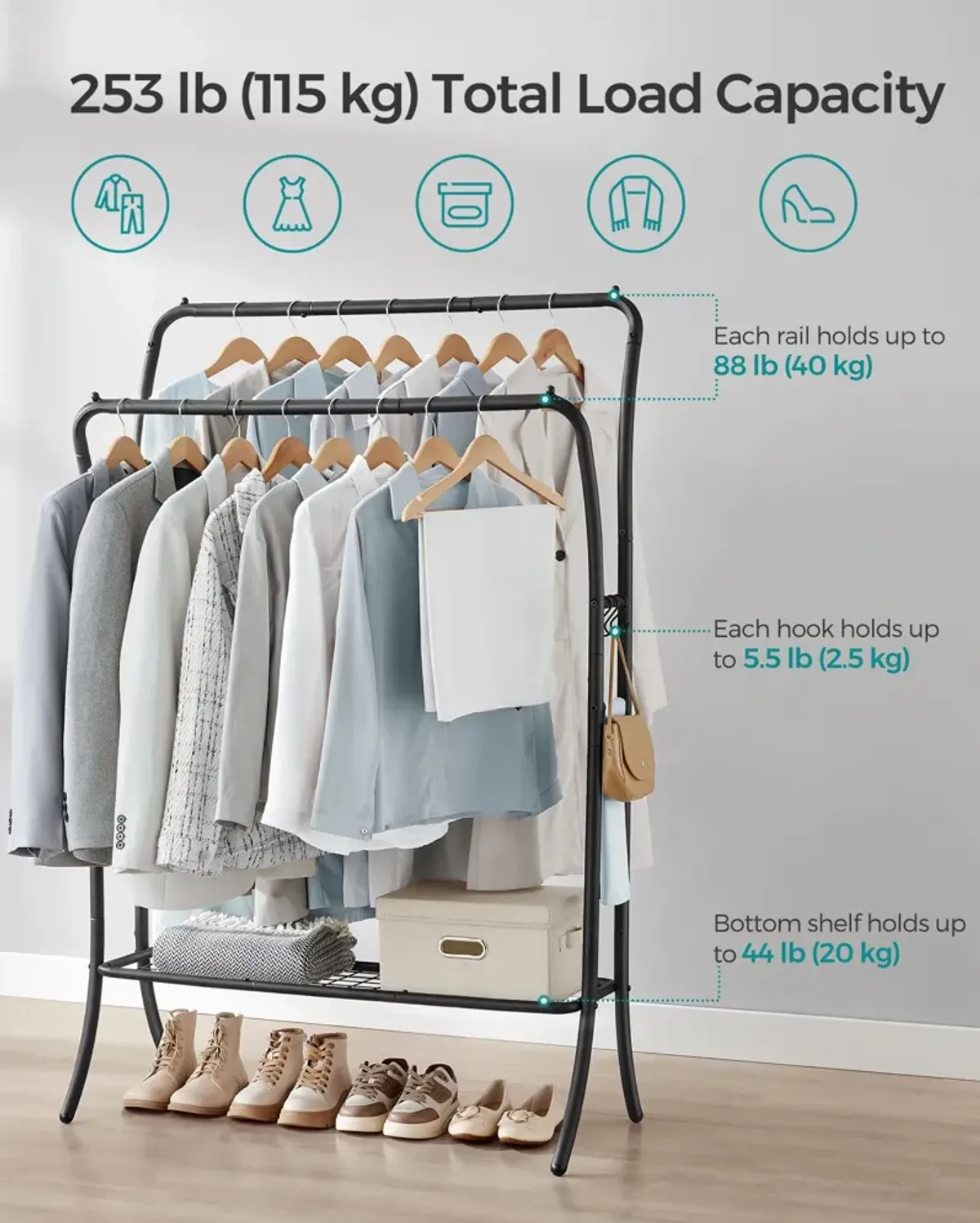 Heavy-Duty Double-Rod Clothes Rack Adjustable Garment Storage with Sturdy Design