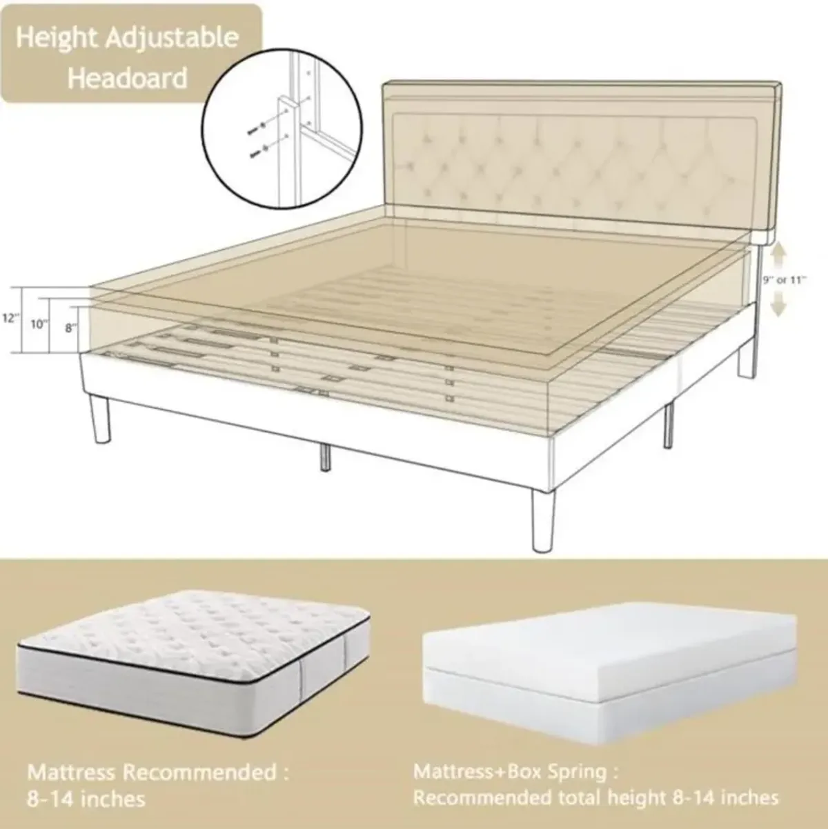 Hivvago King Adjustable Height Platform Bed Frame with Beige Upholstered Headboard