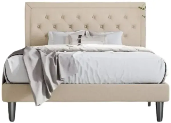 Hivvago King Adjustable Height Platform Bed Frame with Beige Upholstered Headboard