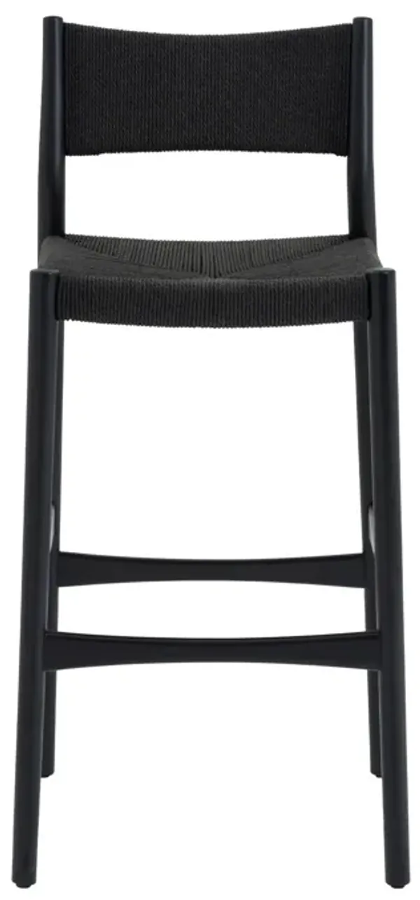Rie Barstool Chair, Danish Inspired Panel Backrest, Black Woven Paper Cord - Benzara