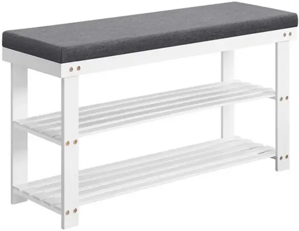 Alo 35 Inch Shoe Rack Bench, Cushioned Seat, 2 Slatted Shelves, White, Gray - Benzara