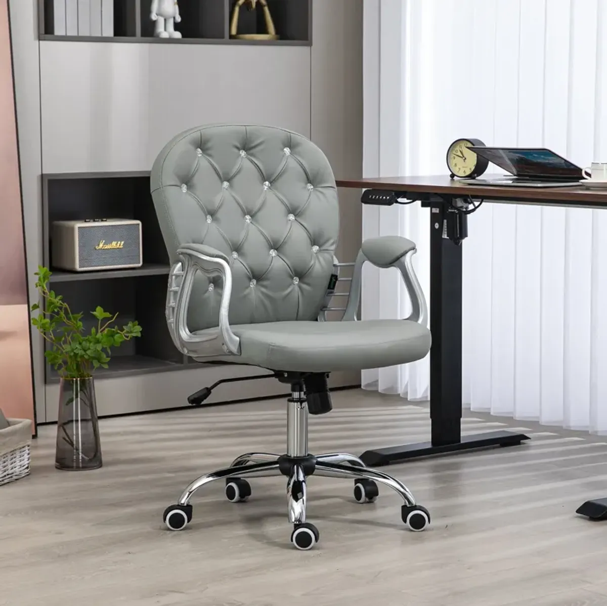 Gray PU Leather Desk Chair: Tufted, Padded Arms, Adjustable