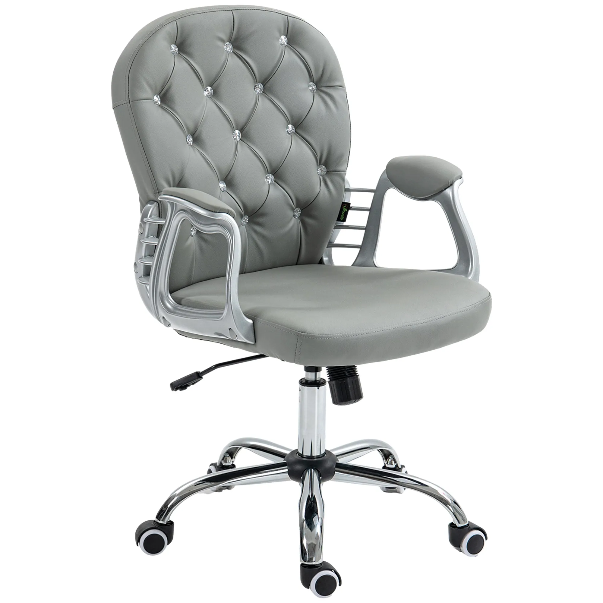 Gray PU Leather Desk Chair: Tufted, Padded Arms, Adjustable