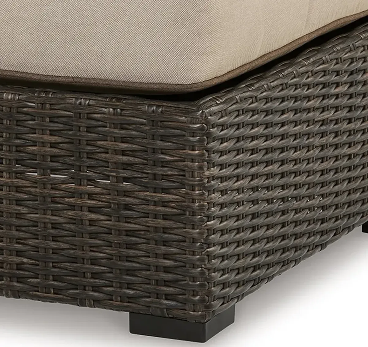 Waga 29 Inch Outdoor Ottoman, Cushioned Seat, Resin Wicker, Brown, Beige - Benzara