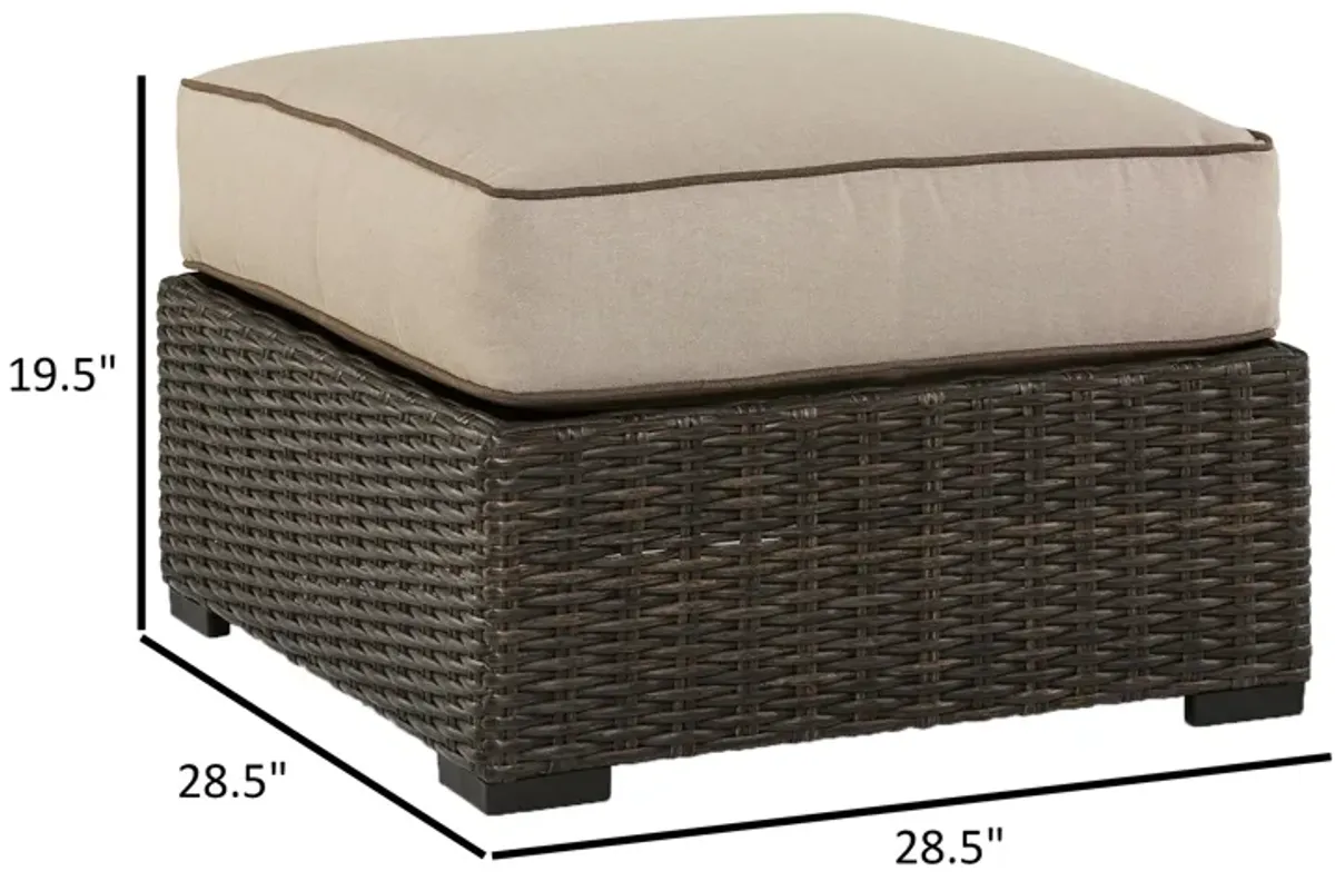 Waga 29 Inch Outdoor Ottoman, Cushioned Seat, Resin Wicker, Brown, Beige - Benzara