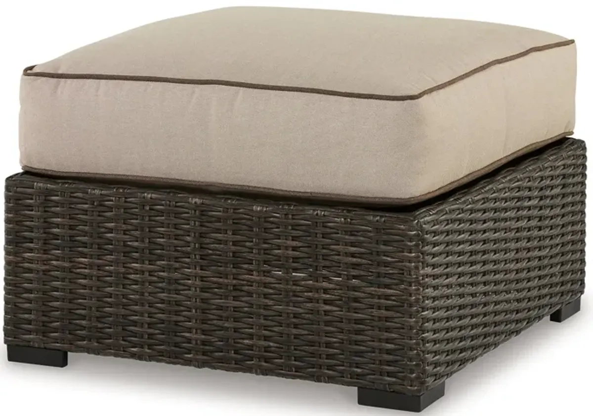 Waga 29 Inch Outdoor Ottoman, Cushioned Seat, Resin Wicker, Brown, Beige - Benzara