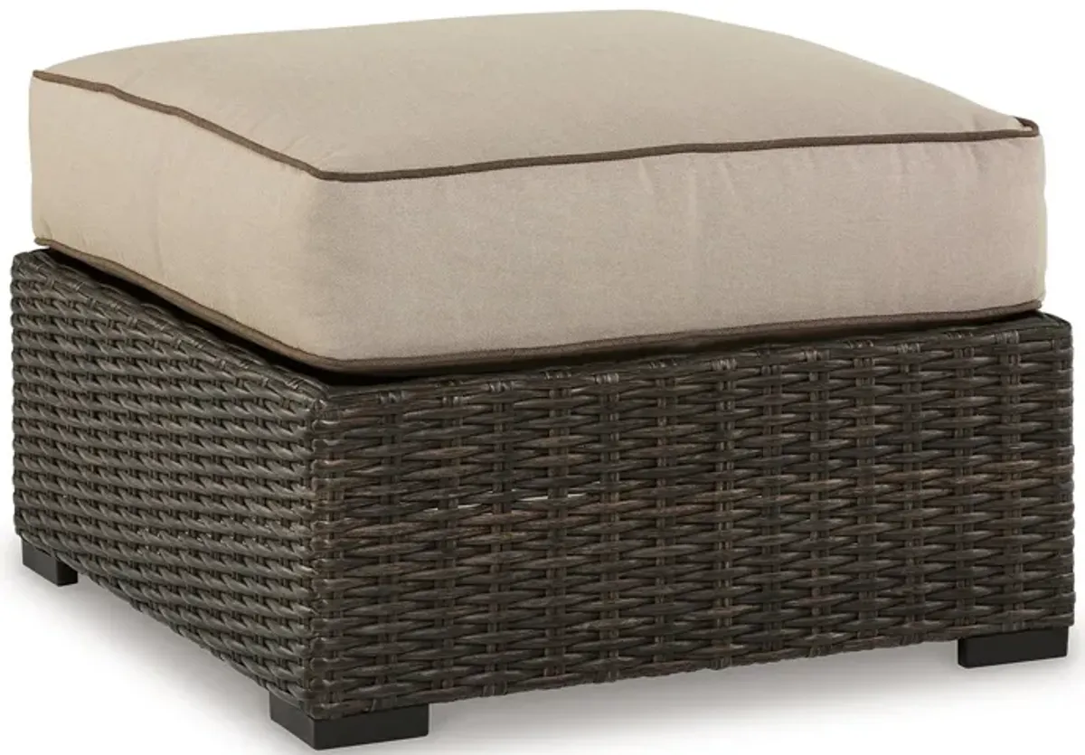 Waga 29 Inch Outdoor Ottoman, Cushioned Seat, Resin Wicker, Brown, Beige - Benzara