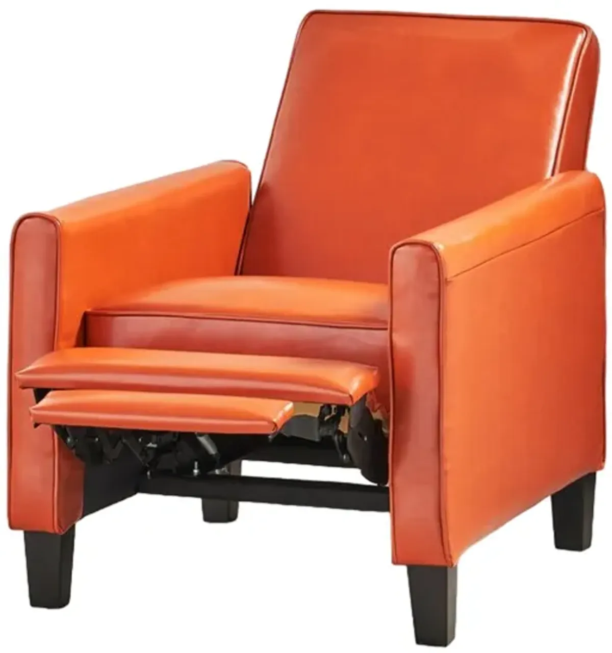 Zuca Pushback Recliner Club Chair, Black Wood, Orange Floral Faux Leather - Benzara