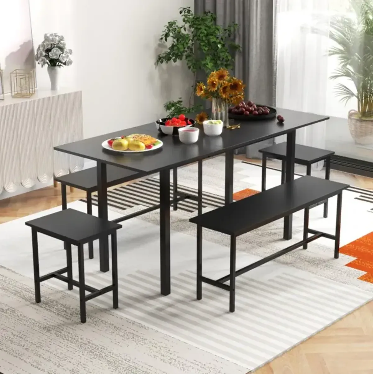 Hivvago 5 Piece Dining Table Set for 4-6 with 2 Benches & 2 Stools for Kitchen Dining Room