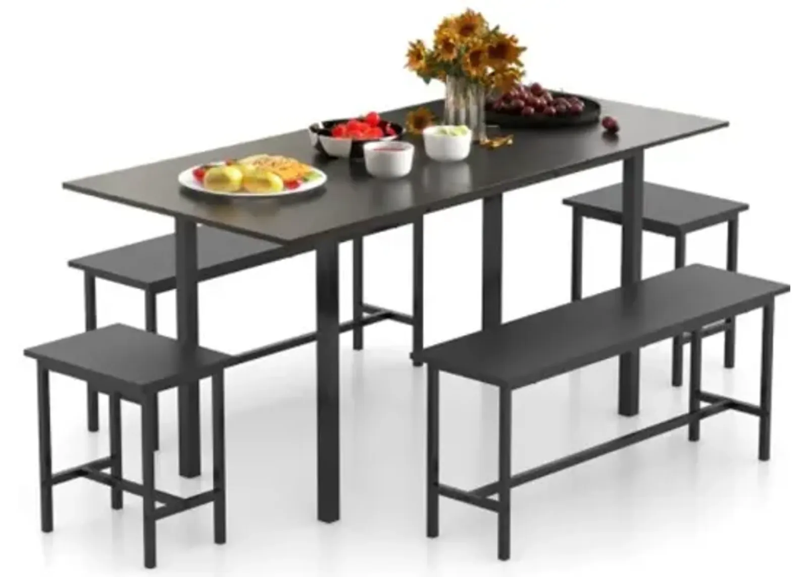 Hivvago 5 Piece Dining Table Set for 4-6 with 2 Benches & 2 Stools for Kitchen Dining Room