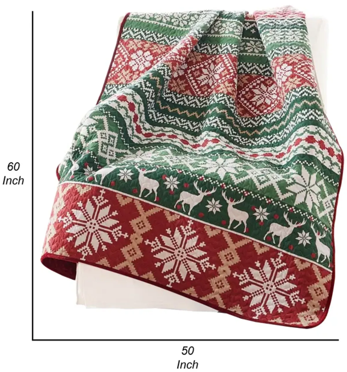 Live 50 x 60 Quilted Throw Blanket, Dutch Velvet, Winter Print, Green, Red - Benzara