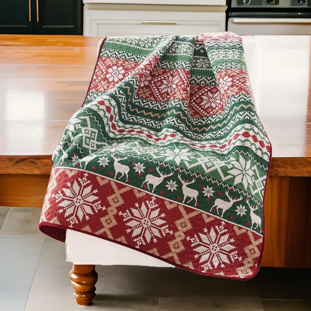 Live 50 x 60 Quilted Throw Blanket, Dutch Velvet, Winter Print, Green, Red - Benzara