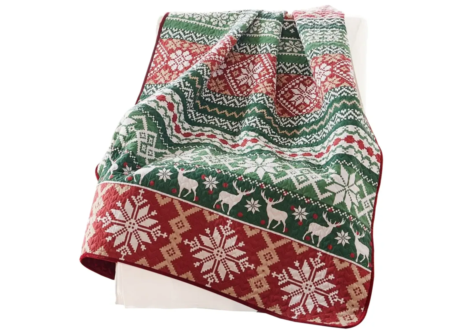 Live 50 x 60 Quilted Throw Blanket, Dutch Velvet, Winter Print, Green, Red - Benzara