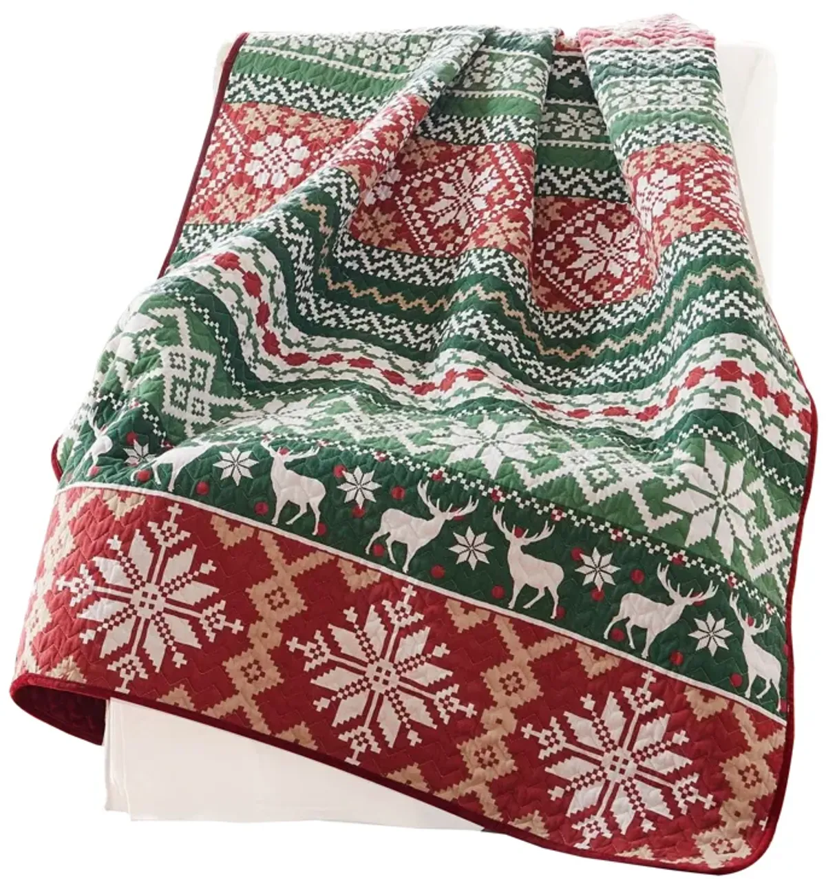 Live 50 x 60 Quilted Throw Blanket, Dutch Velvet, Winter Print, Green, Red - Benzara