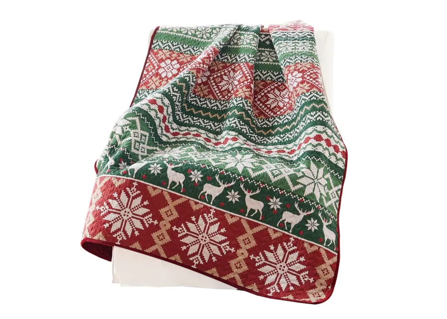 Live 50 x 60 Quilted Throw Blanket, Dutch Velvet, Winter Print, Green, Red - Benzara