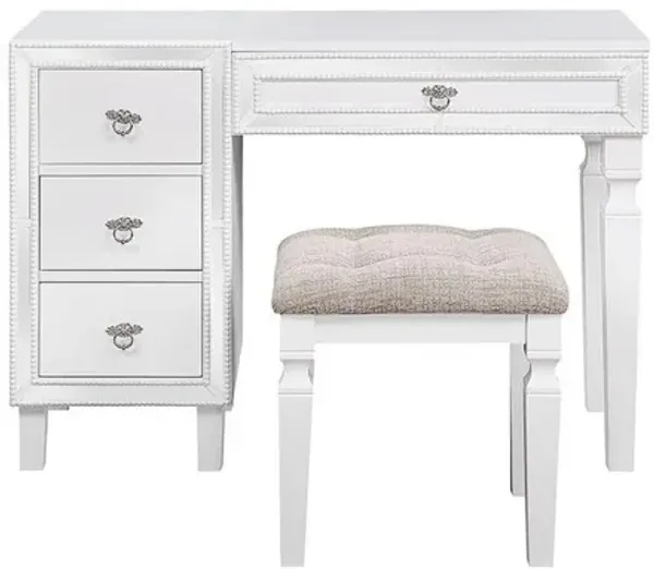 Sosi 47 Inch Vanity Desk Set with Stool, 3 Mirror Inlaid Drawers, White-Benzara