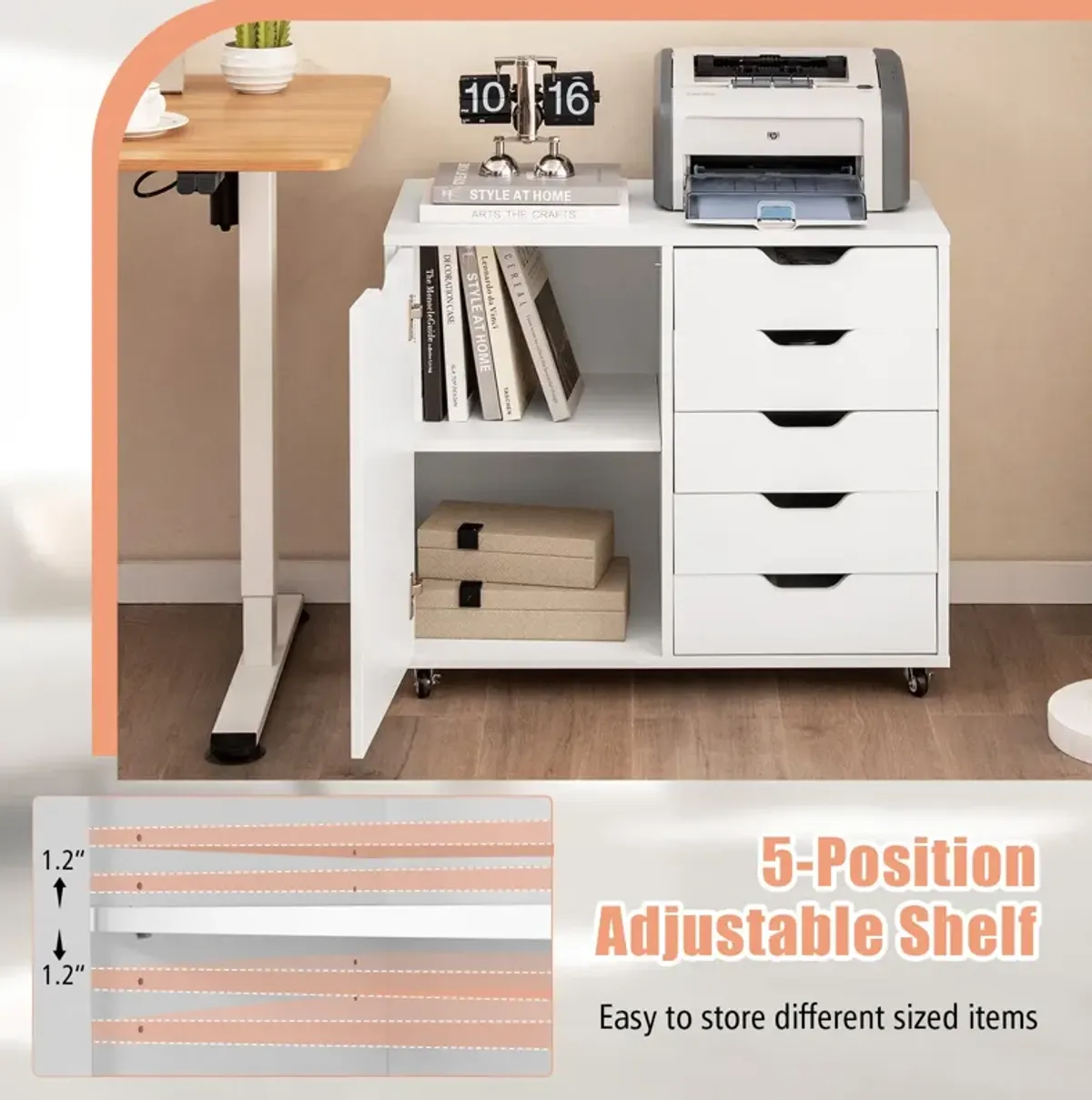 5-Drawer Dresser Chest Mobile Storage Cabinet with Door-White