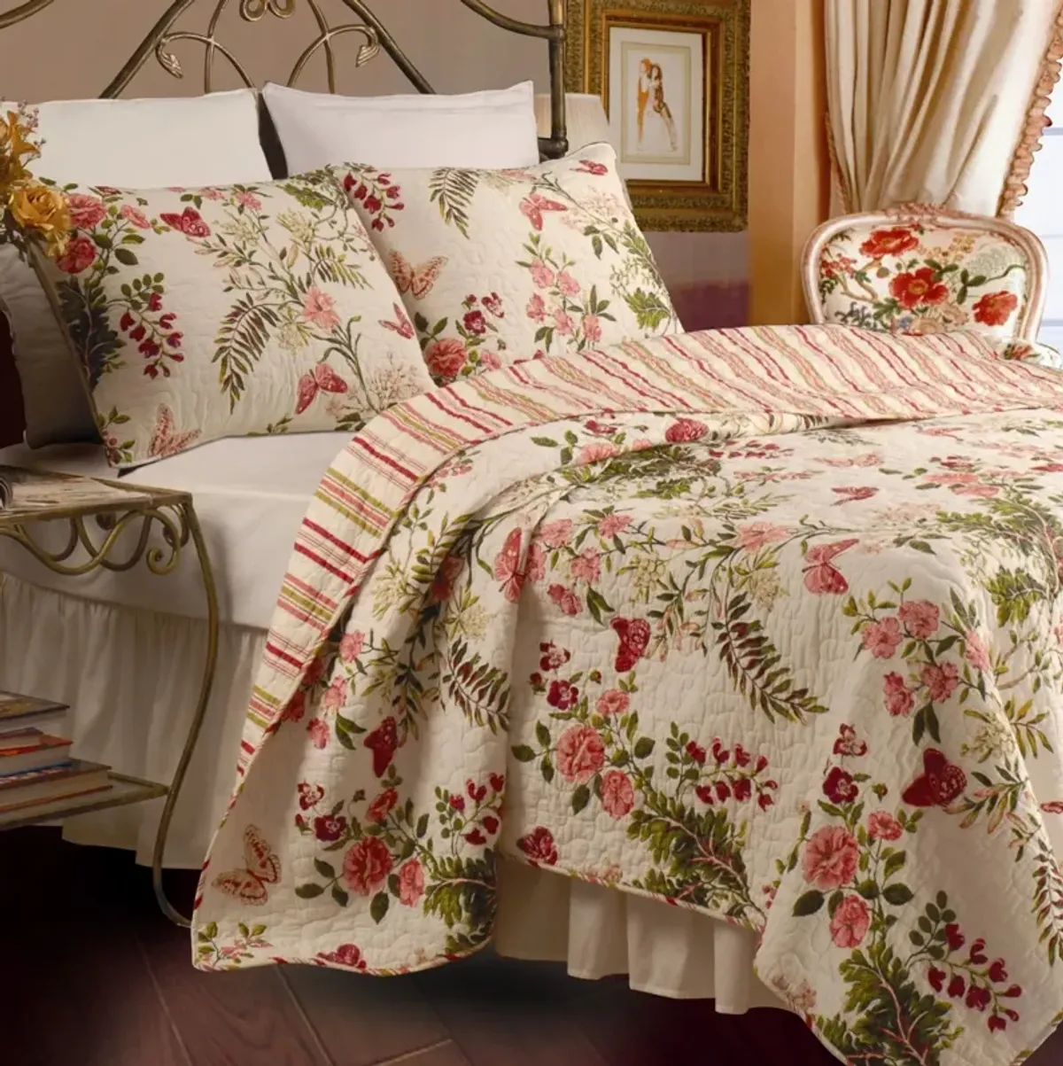 Hivvago King size 3-Piece Cotton Quilt Set in Pink Beige Floral Butterflies