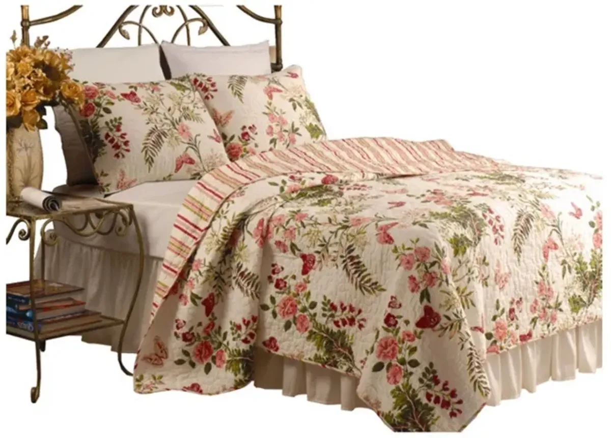 Hivvago King size 3-Piece Cotton Quilt Set in Pink Beige Floral Butterflies