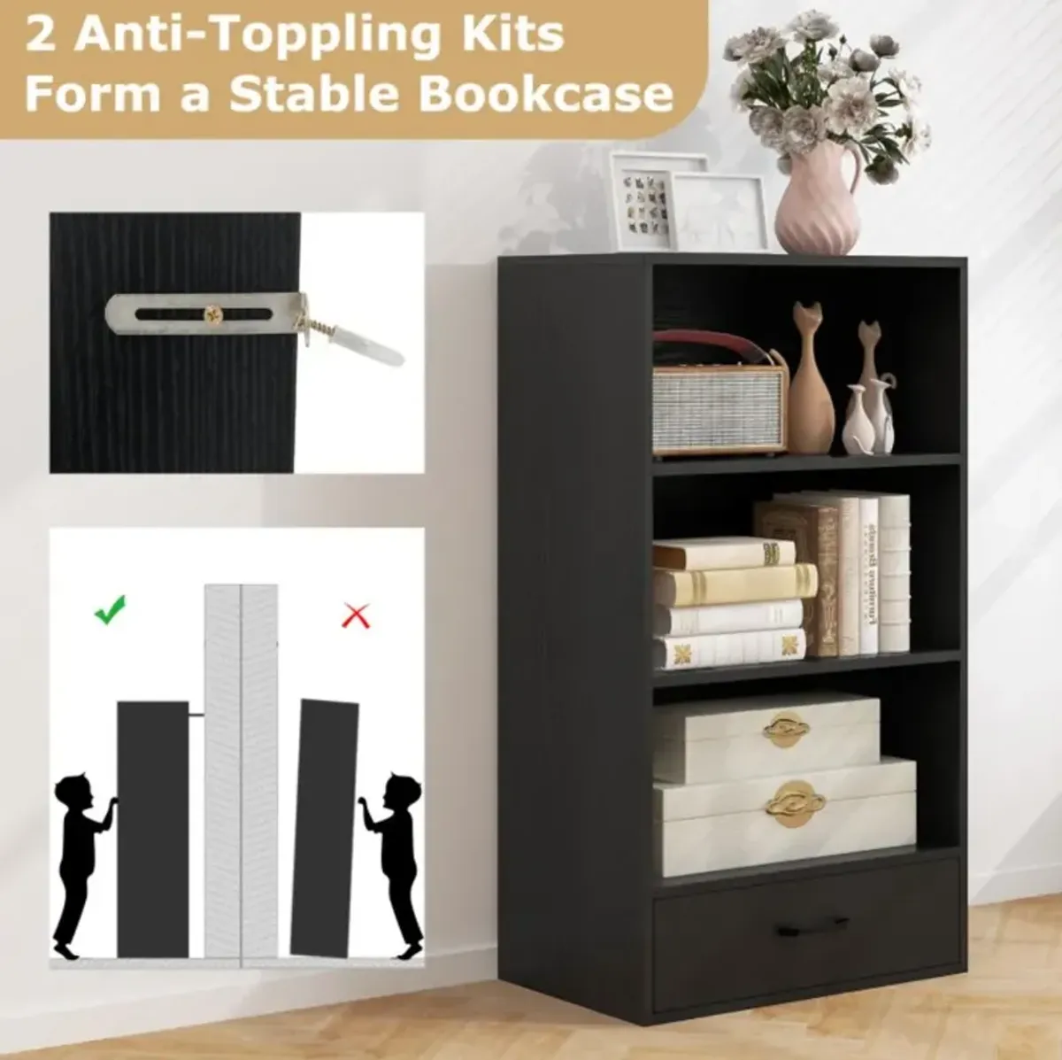 Hivvago 4-Tier Storage Bookcase with Open Shelves Drawer and Anti-toppling Device