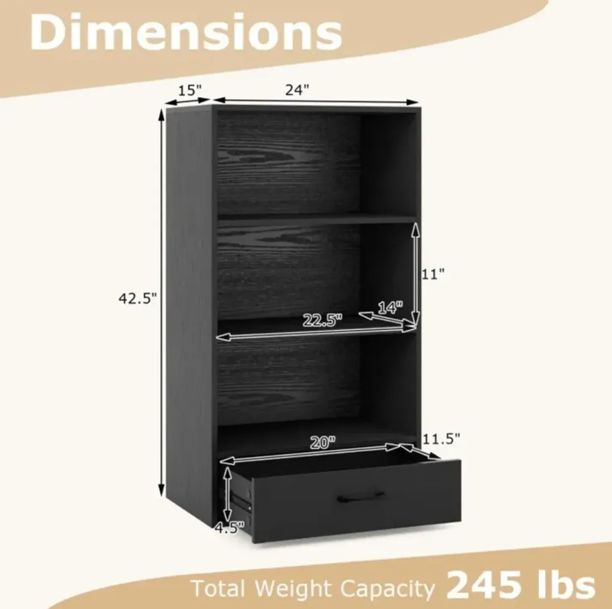 Hivvago 4-Tier Storage Bookcase with Open Shelves Drawer and Anti-toppling Device