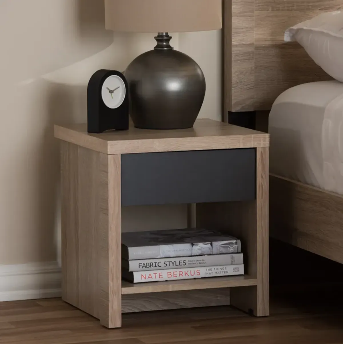 Baxton Studio Jamie Modern Two Tone Oak and Grey Wood 1 Drawer 1 Shelf Nightstand