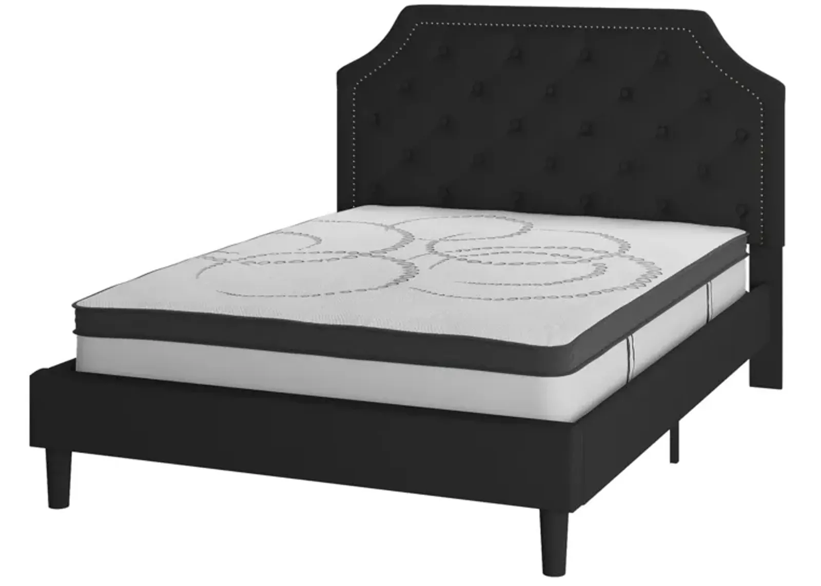 Brighton Queen Size Tufted Upholstered Platform Bed in Black Fabric with 10 Inch CertiPUR-US Certified Pocket Spring Mattress