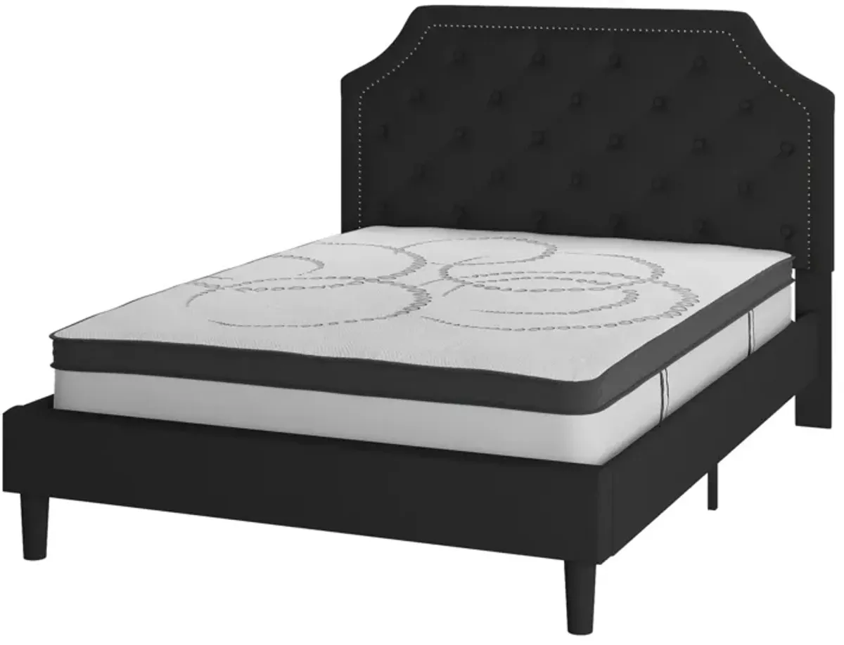 Brighton Queen Size Tufted Upholstered Platform Bed in Black Fabric with 10 Inch CertiPUR-US Certified Pocket Spring Mattress