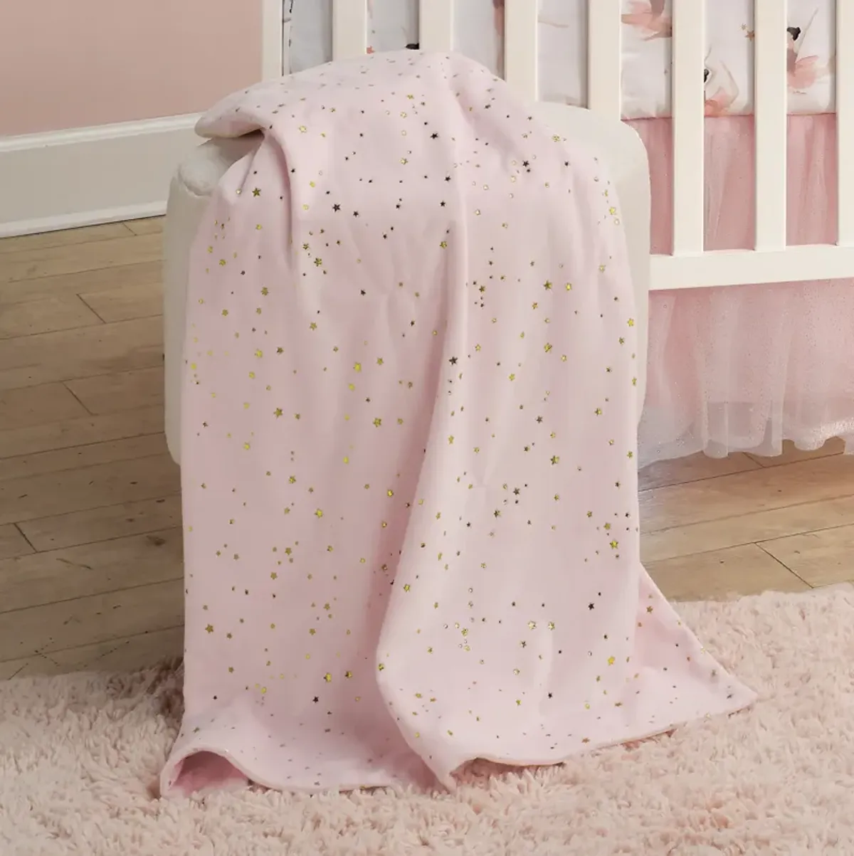 Lambs & Ivy Ballerina Baby Pink with Gold Stars 2-Sided Soft Baby Blanket