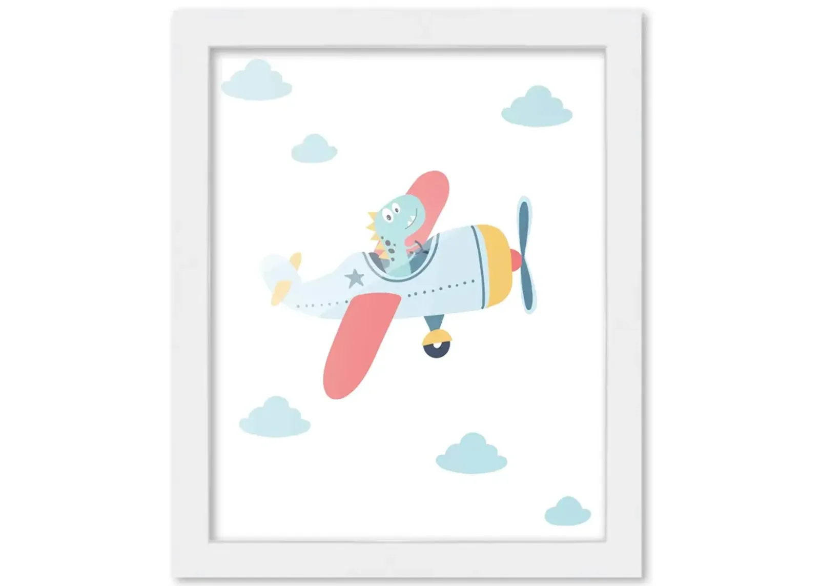 8x10 Framed Nursery Wall Art Hand Drawn Dinosaur Air Plane Poster in White Wood Frame For Kid Bedroom or Playroom