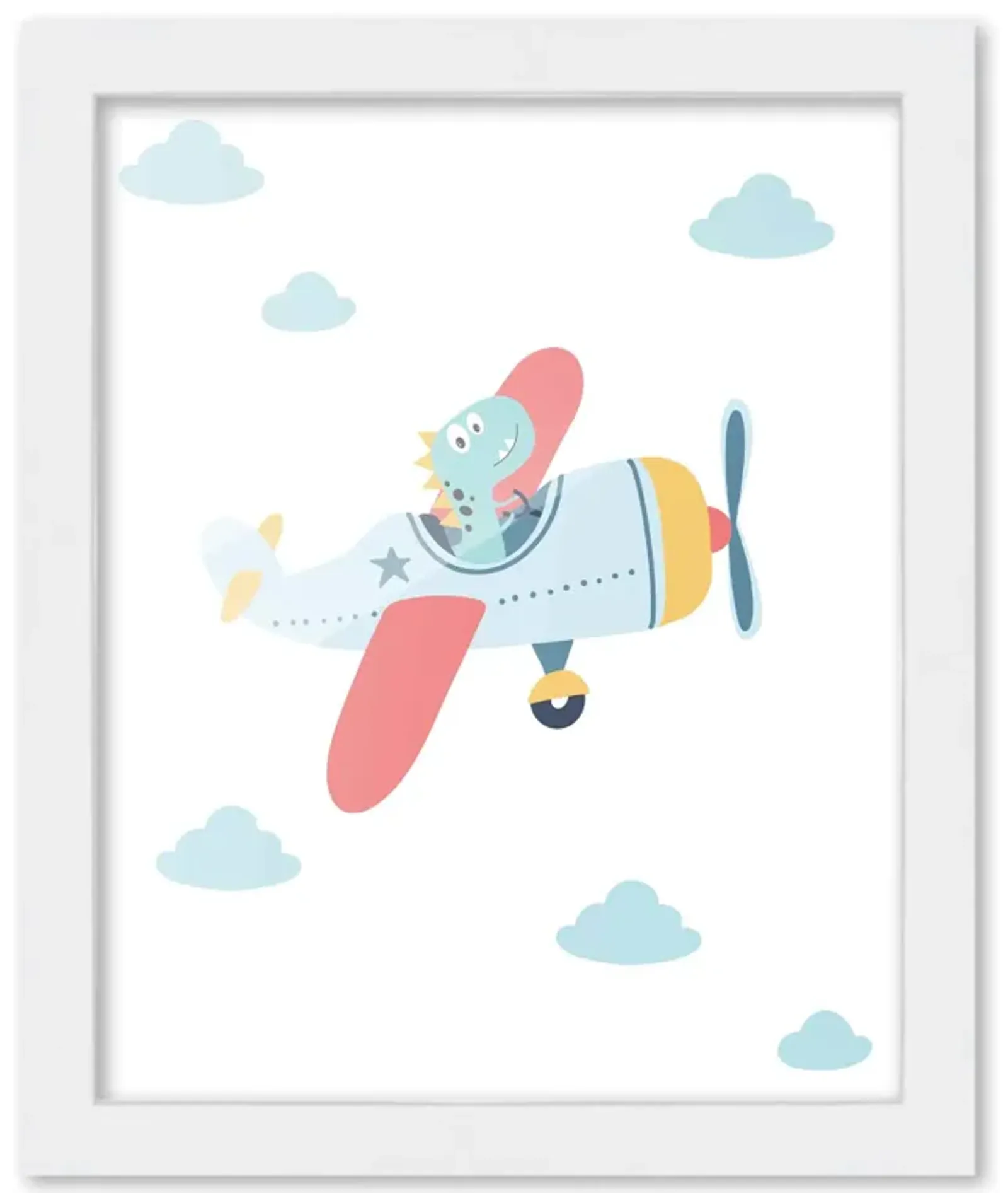 8x10 Framed Nursery Wall Art Hand Drawn Dinosaur Air Plane Poster in White Wood Frame For Kid Bedroom or Playroom