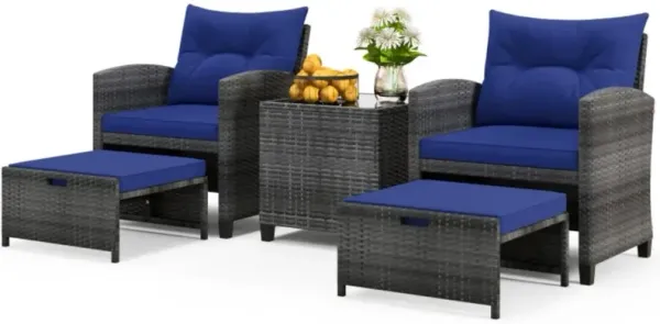 Hivvago 5 Piece Patio Rattan Furniture with 2 Ottomans and Tempered Glass Coffee Table