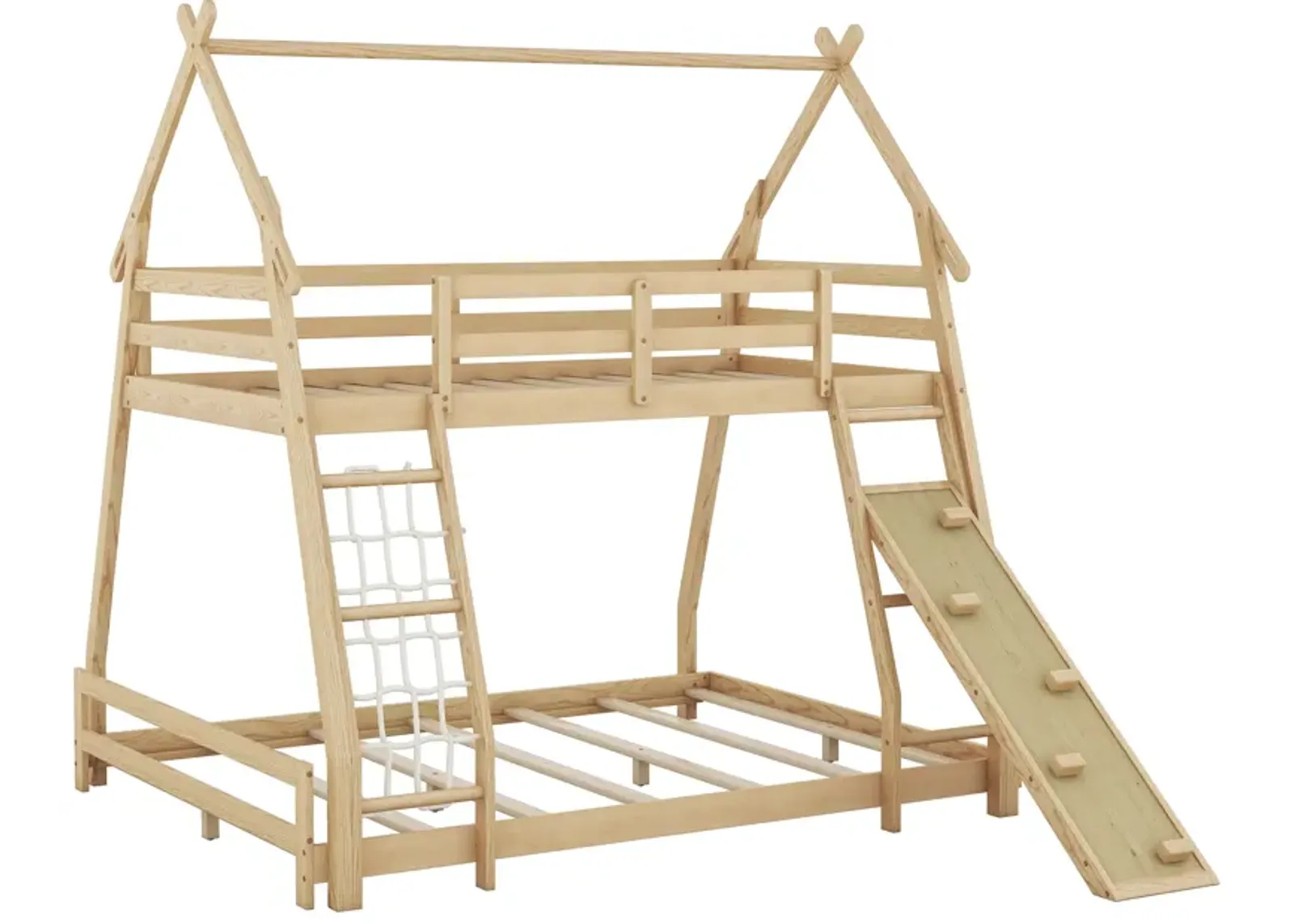 Twin Over Queen House Bunk Bed With Climbing Nets And Climbing Ramp, Natural