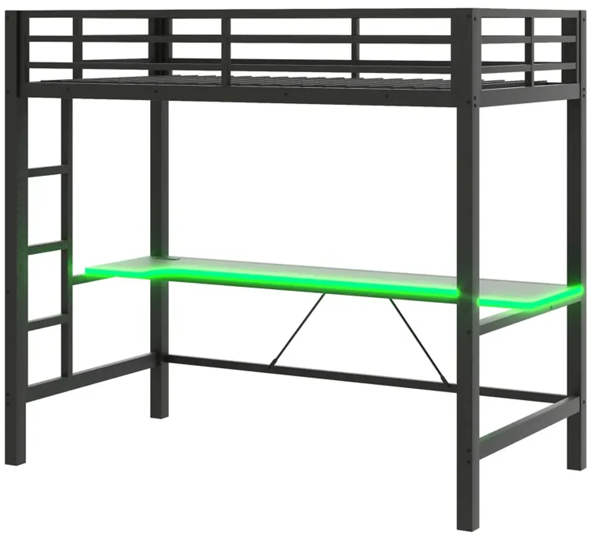 Merax Gaming Metal Loft Bed Frame with LED Light and Desk