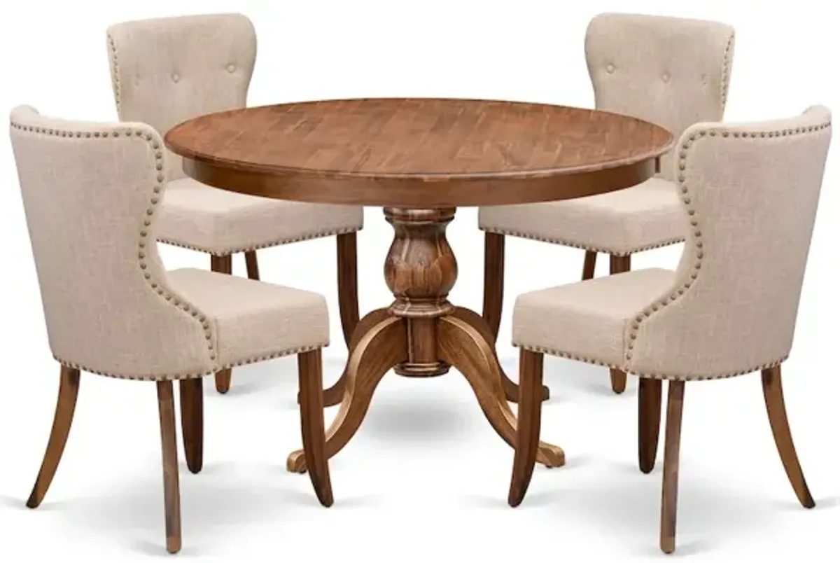 5-Pc Dining Set A Pedestal Dining Table & 4 Light Tan Linen Fabric Padded Chairs