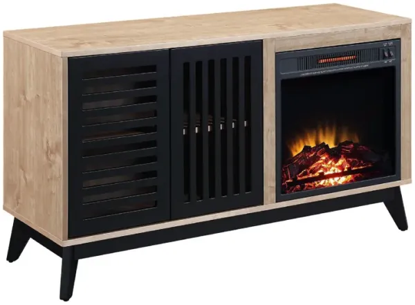 Nael 46 Inch Wood Console Table, LED Electric Fireplace, Oak Brown, Black-Benzara