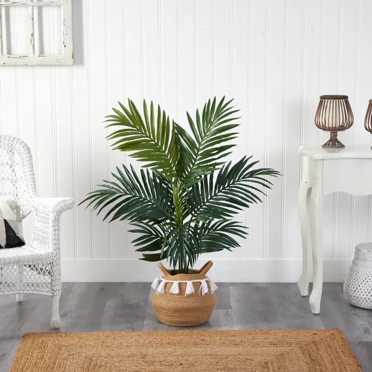 Hivvago 4 Feet Kentia Palm Artificial Tree in Boho Chic Handmade Natural Cotton Woven Planter with Tassels