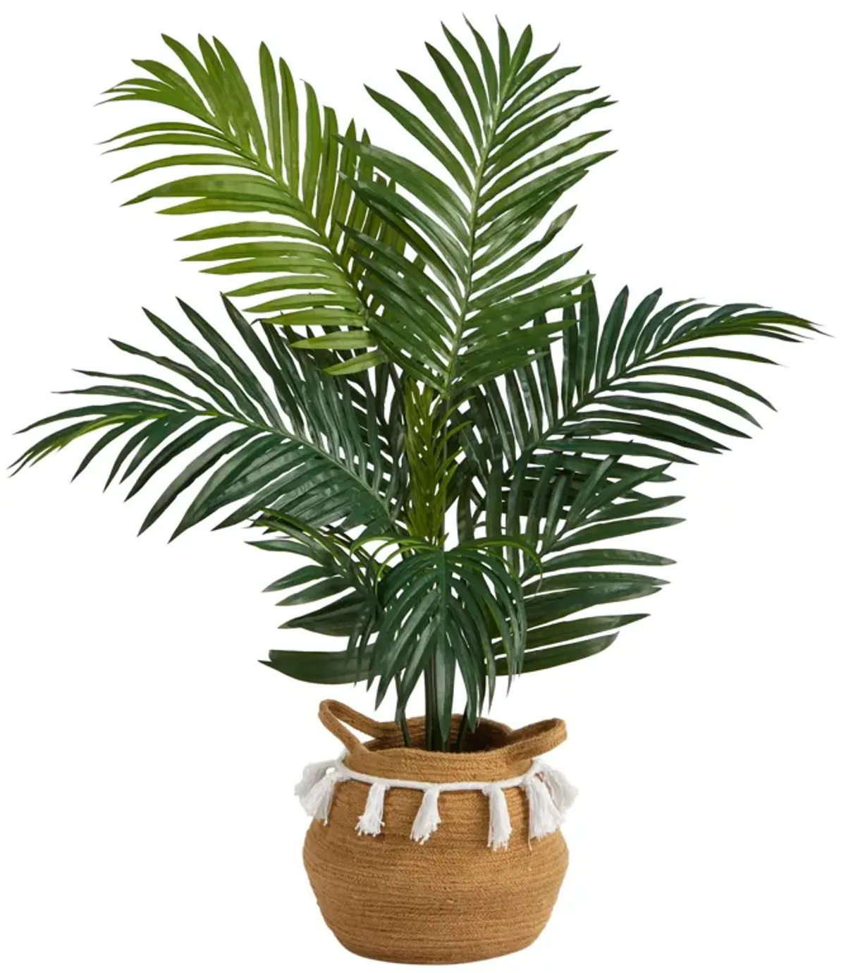 Hivvago 4 Feet Kentia Palm Artificial Tree in Boho Chic Handmade Natural Cotton Woven Planter with Tassels