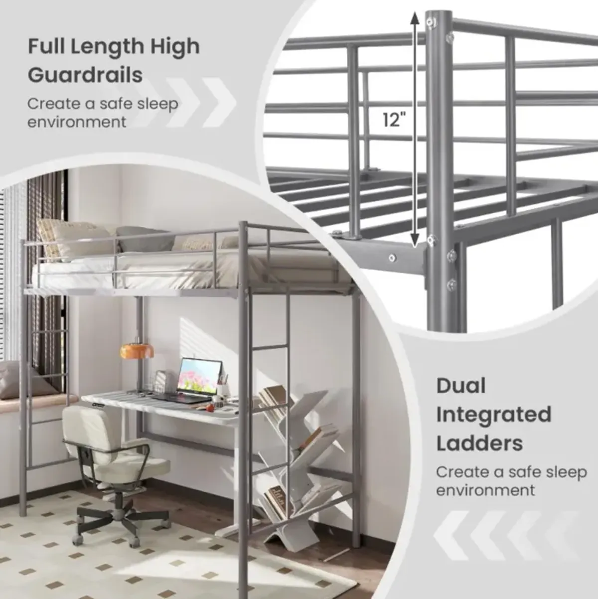 Hivvago Twin Loft Bed Frame with 2 Ladders Full-length Guardrail