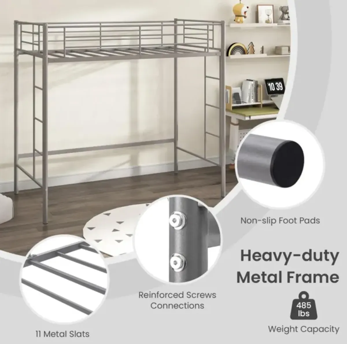 Hivvago Twin Loft Bed Frame with 2 Ladders Full-length Guardrail