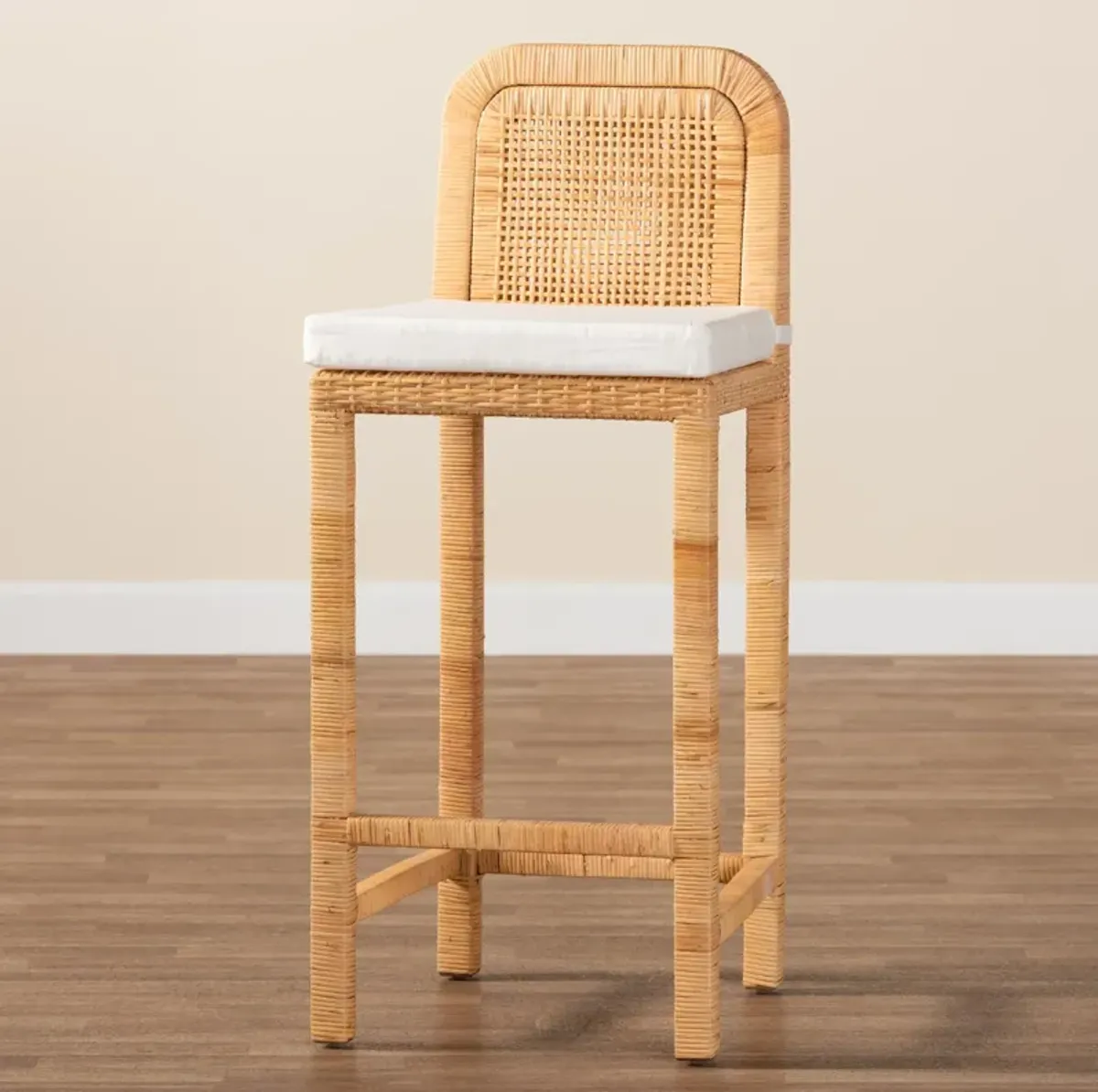 Bali & Pari Zariah Modern Bohemian Natural Brown Rattan and Mahogany Wood Bar Stool