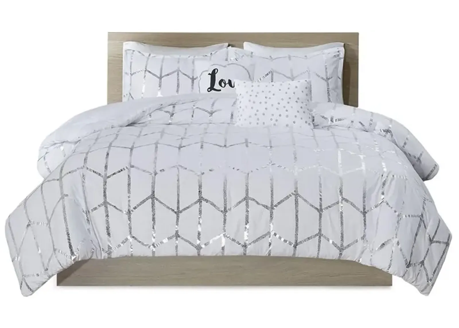 Belen Kox White and Silver Metallic Printed Comforter Set, Belen Kox- Queen