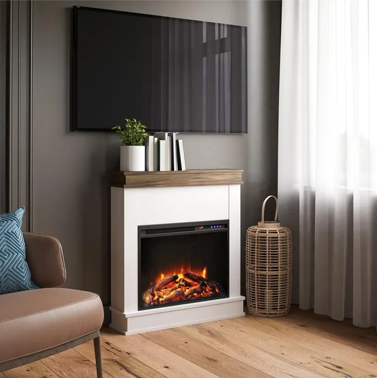 Mateo Electric Fireplace with Mantel and Touchscreen Display, Ivory Oak with Rustic Mantel