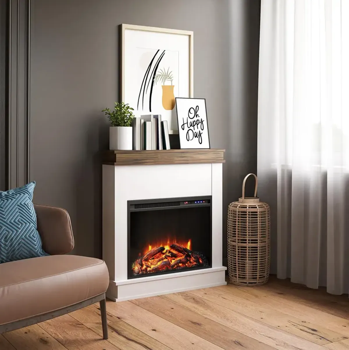 Mateo Electric Fireplace with Mantel and Touchscreen Display, Ivory Oak with Rustic Mantel