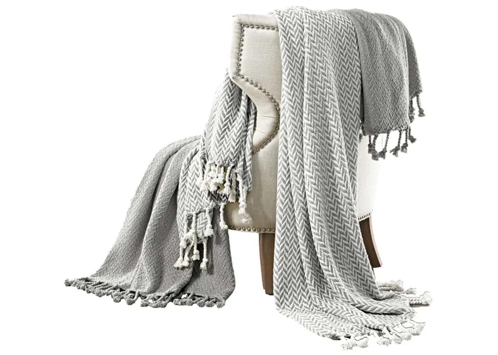 Calabria Herringbone Cotton Throw The Urban Port, Set of 2, Gray and White - Benzara