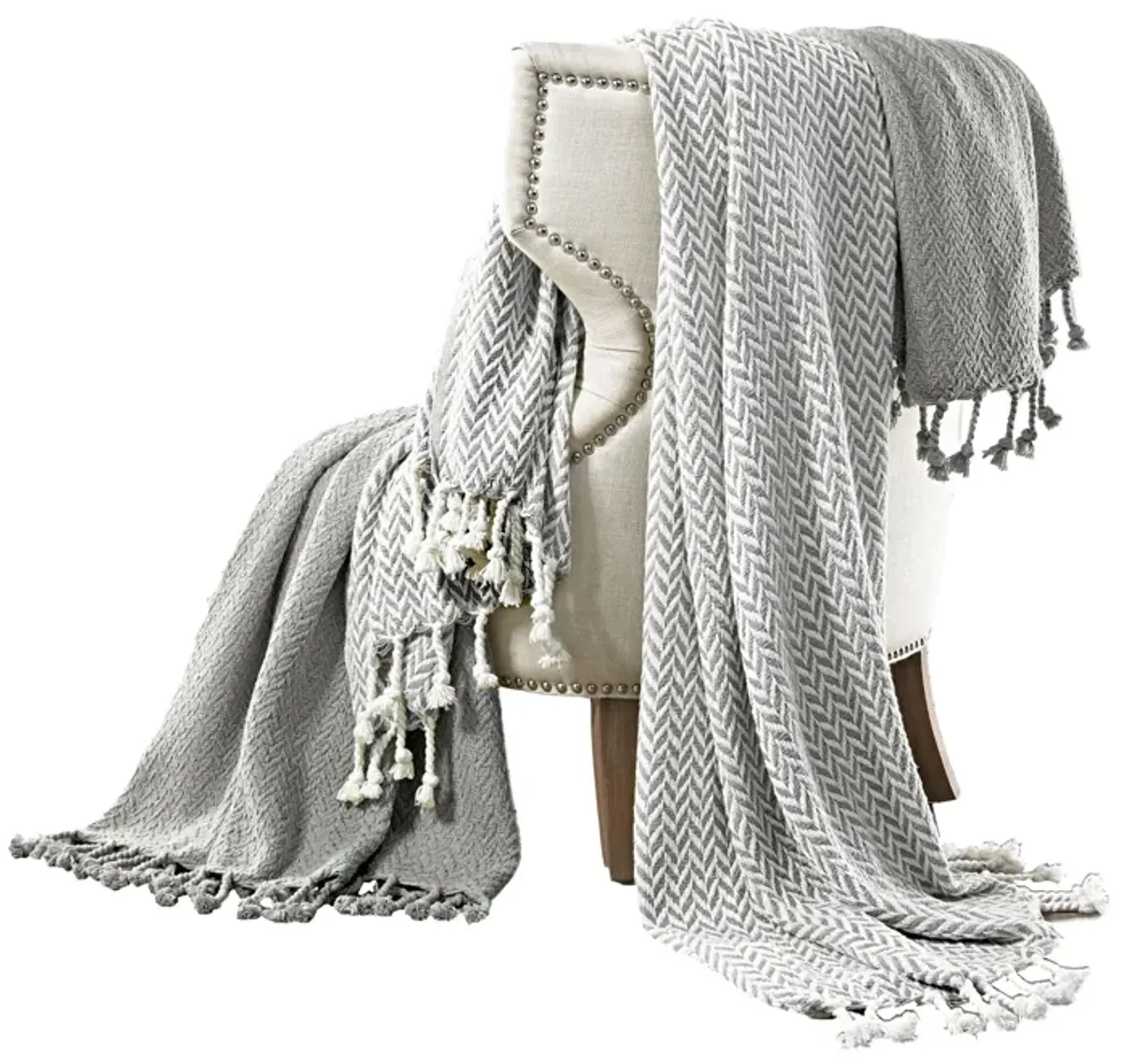 Calabria Herringbone Cotton Throw The Urban Port, Set of 2, Gray and White - Benzara