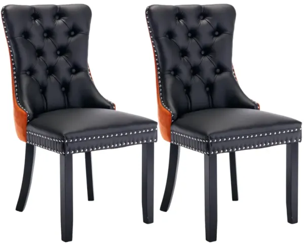 Set of 2 Upholstered Dining Chairs, Tufted Back, Nailhead Trim, Solid Wood Legs